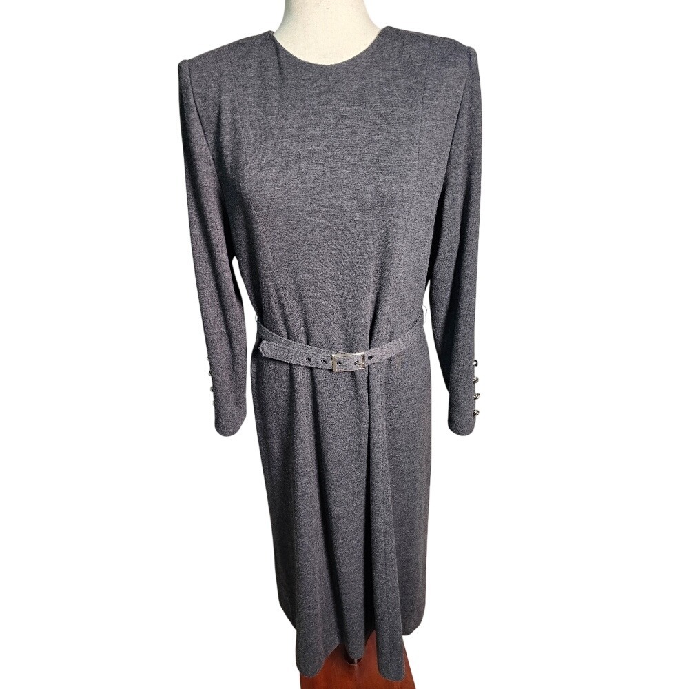 Henry Lee Elegant Gray Women's Long Sleeve Knit Midi Dress 12P with belt